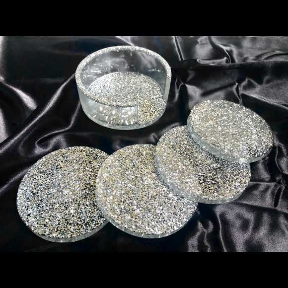 🎉 HOST PICK! 🎉 Glam Silver Glitter Coaster Set With Holder - Picture 10 of 10